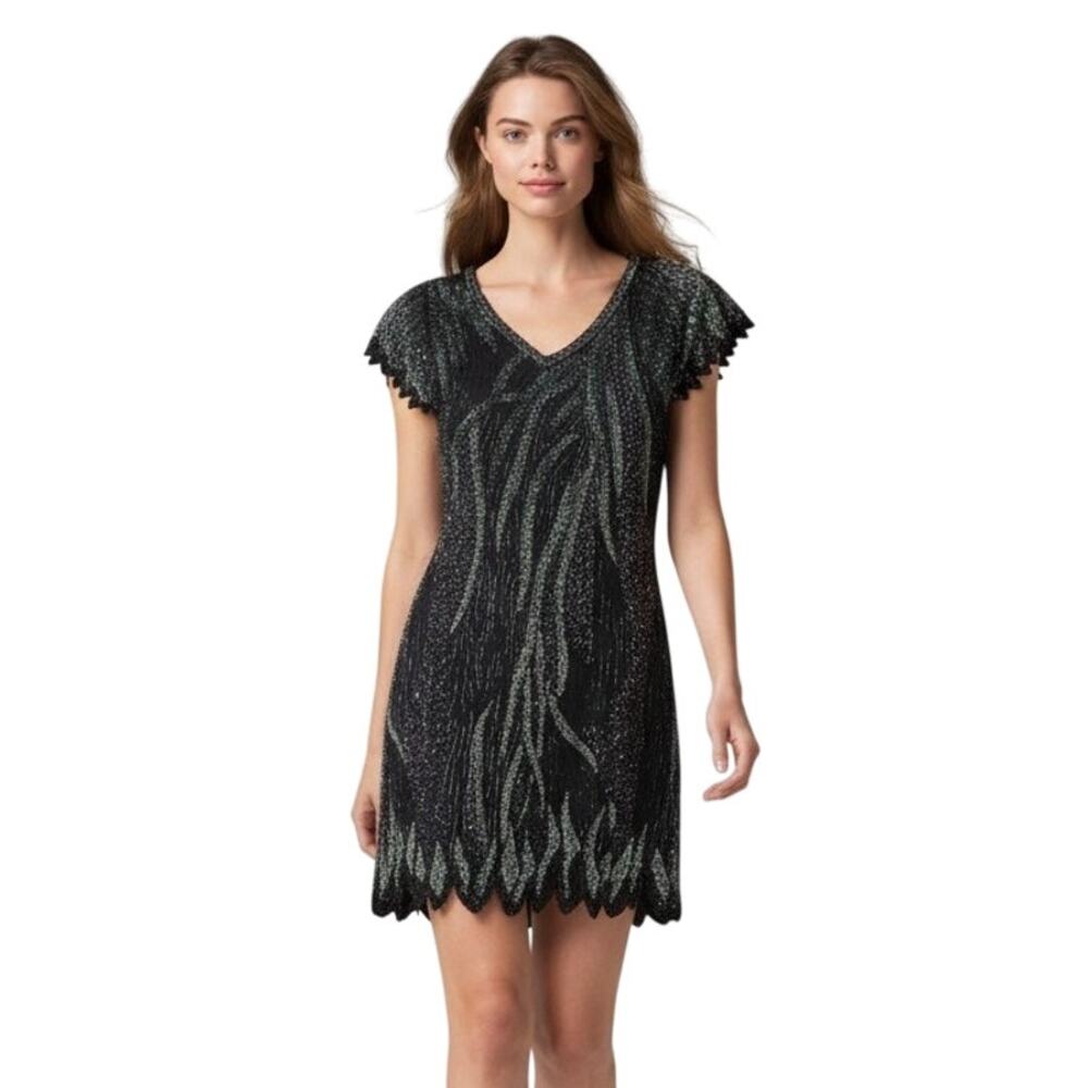 Vintage Nagpal Mini Dress S Black Silk Sequin Beaded Party Evening Cocktail Club